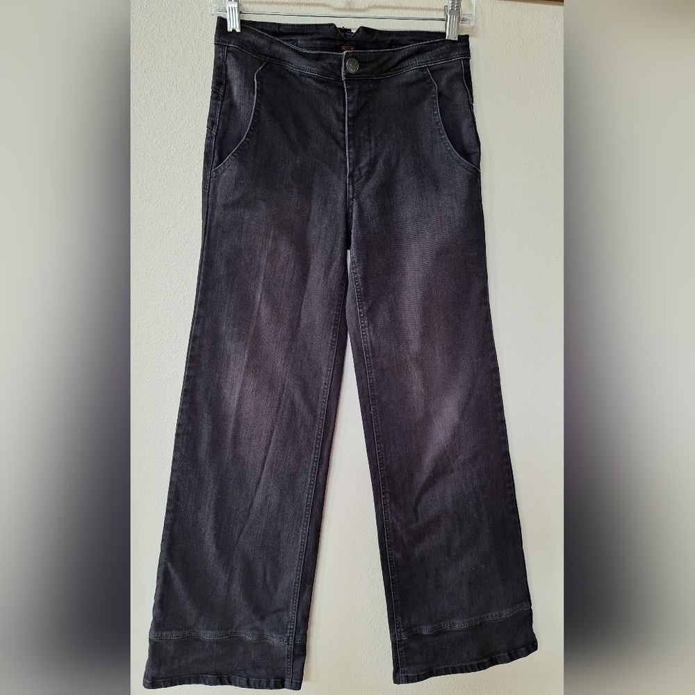 Free People Womens Wide Leg Black Washed Buckle Back Jeans Stretch Size 24